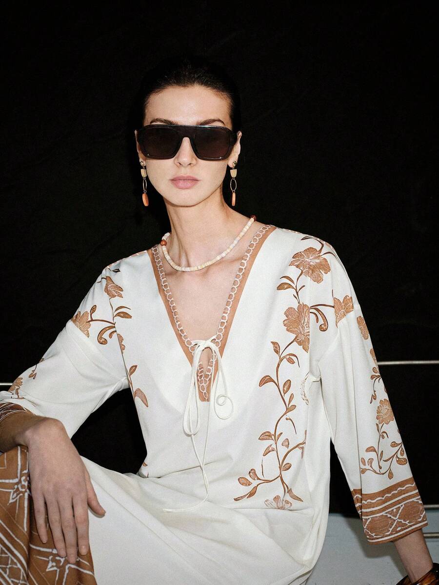 Lumivelle 女士印花系带七分袖连衣裙，度假风 - 杏色 - 查看 1