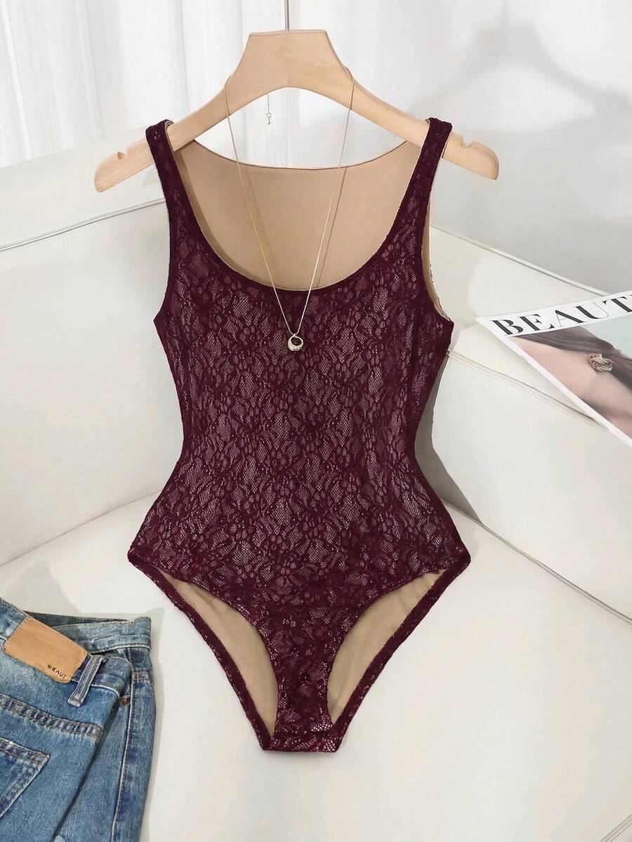 SHEIN Franclia Body elegante in pizzo da donna per appuntamenti/vacanze, estivo - Rosso - Visualizzare 1