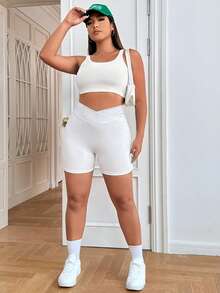 SHEIN EZwear Quần short nữ cỡ lớn màu trắng, kiểu dáng bất đối xứng, cạp chữ V, phong cách thường ngày. - trắng - Xem 4