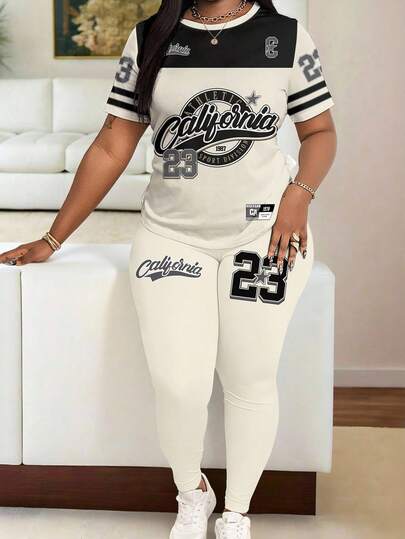 Maweii Plus Size California 23 Graphic Print Sports 2 Pieces Set, Casual Sporty Style