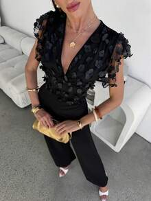 Lavishia Ruffled Sleeve V-Neck Cinched Waist Wide Leg Romantic Elegant Jumpsuit - Black - View 1