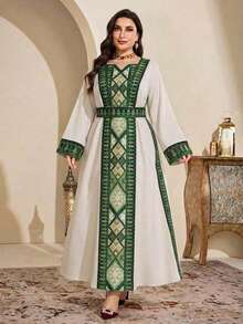 SHEIN Najma Đầm kiểu Ả Rập cổ khoét eo, họa tiết hình học, dành cho nữ cỡ lớn, thích hợp mặc mùa xuân/thu. - Nhiều màu - Xem 4