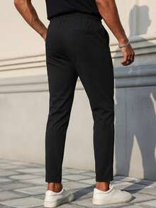 Men's Solid Cropped Straight Fit Pocket And Drawstring Detailed Good Quality Casual Pants - Black - View 2