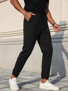 Men's Solid Cropped Straight Fit Pocket And Drawstring Detailed Good Quality Casual Pants - Black - View 3