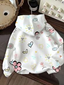 SHEIN EZwear 女士花卉、爱心和太阳印花米色连帽衫，秋冬季流行款式 - 彩色 - 查看 2