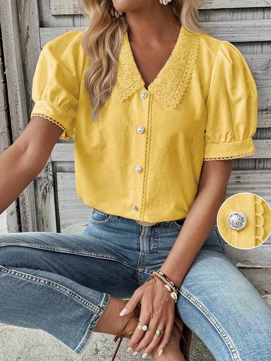 Breezaya Summer Casual Solid Color Lace Collar Puff Sleeve Blouse - Light Yellow - View 1