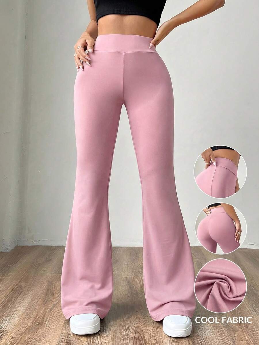 SHEIN EZwear 女士粉色针织修身喇叭裤,夏季阔腿裤,女士高腰阔腿裤,女士喇叭瑜伽裤,女士喇叭打底裤,阔腿瑜伽裤 - 粉色 - 查看 1