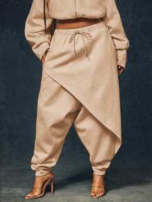 Denimoi Drop Crotch Front Layered Detail Sweatpants Fashion Streetwear Comfortable Sweatpants Casual, Sporty Chic - Khaki - View 2