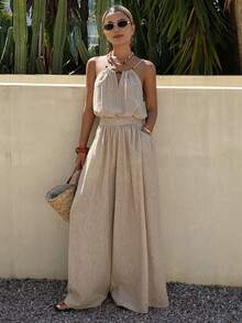 DAZY 女士宽松休闲度假风无袖上衣和阔腿裤两件套，春夏款 - 卡其色 - 查看 6