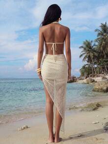 Nevyona Đầm nữ gợi cảm cổ chữ V hở lưng, dài đến đầu gối, vạt bất đối xứng, đầm dự tiệc mùa hè, trang phục quyến rũ cho hộp đêm, trang phục phong cách Bohemian dành cho nữ. - Màu be - Xem 2