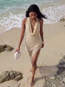 Nevyona Đầm nữ gợi cảm cổ chữ V hở lưng, dài đến đầu gối, vạt bất đối xứng, đầm dự tiệc mùa hè, trang phục quyến rũ cho hộp đêm, trang phục phong cách Bohemian dành cho nữ. - Màu be - Xem 4