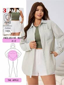SHEIN EZwear مجموعة ربيعية/صيفية جديدة من قميص كاجوال فضفاض مخطط، سترة صدرية مضفرة خضراء وشورت جينز فضفاض قطني ذو ملمس قطني 3 قطع، مجموعة ملابس مرنة مقاس كبير للنساء لكل المناسبات، التنقل، الحفلات، مهرجانات الموسيقى، العودة للمدرسة، العطلات، الملابس الشارعية، الملابس المنزلية، التجول في المدينة - متعدد الألوان - مشاهدة 2