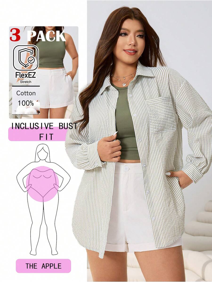 SHEIN EZwear مجموعة ربيعية/صيفية جديدة من قميص كاجوال فضفاض مخطط، سترة صدرية مضفرة خضراء وشورت جينز فضفاض قطني ذو ملمس قطني 3 قطع، مجموعة ملابس مرنة مقاس كبير للنساء لكل المناسبات، التنقل، الحفلات، مهرجانات الموسيقى، العودة للمدرسة، العطلات، الملابس الشارعية، الملابس المنزلية، التجول في المدينة
