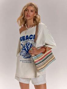 SHEIN BAE Women's White Summer Casual Sexy Graphic Beach Golf Holiday T-Shirt, Shell Print Loose-Fitting Top, Island Vacation, Italian Style Short Sleeve Tee - Apricot - View 6