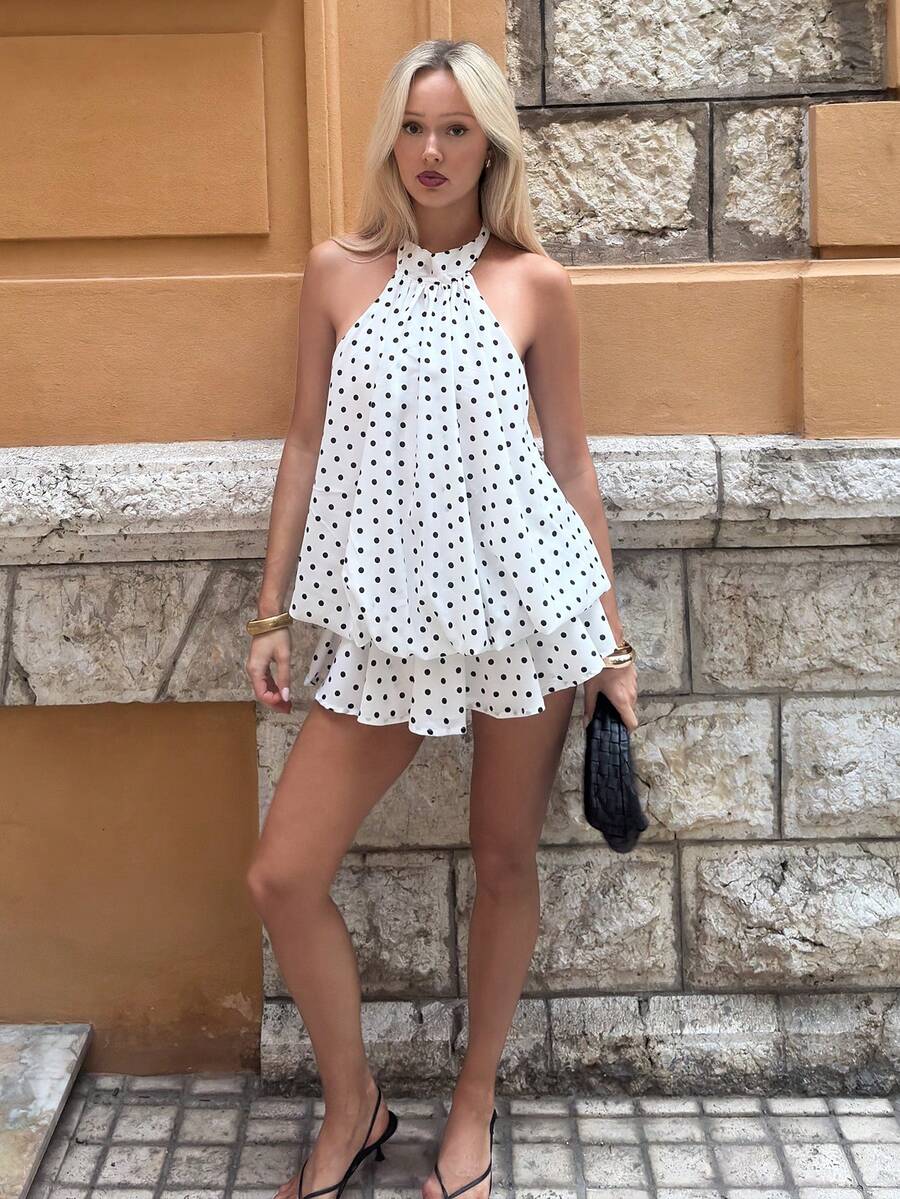 Theaadoraa Robe mini élégante à dos nu et imprimé pois pour femmes