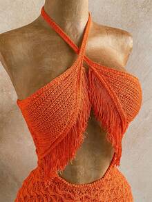 Soleia 女士纯色流苏装饰吊带毛衣连衣裙 - 橘色 - 查看 6