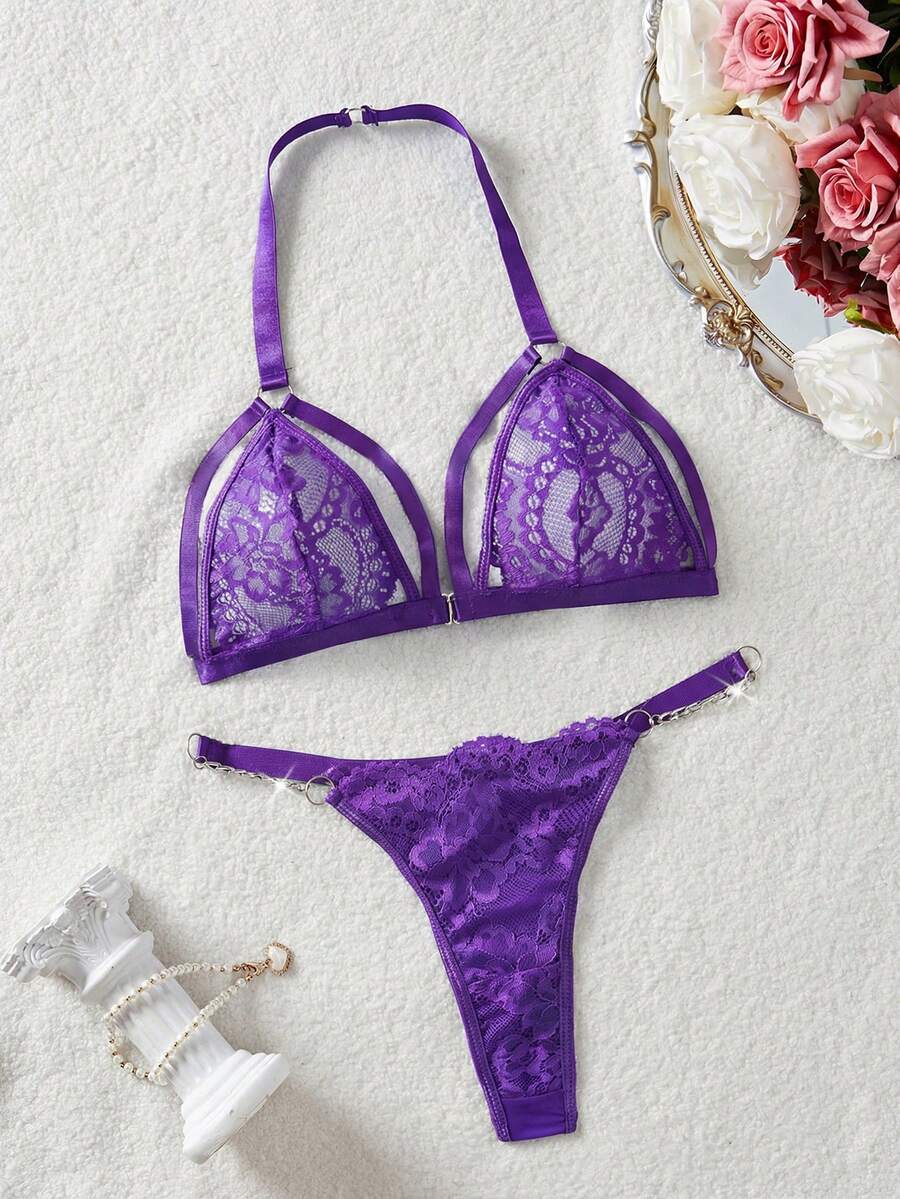 SHEIN Conjunto de lencería sexy con sujetador de encaje calado con cierre delantero y tanga tipo g-string para salir - Morado - Ver 1