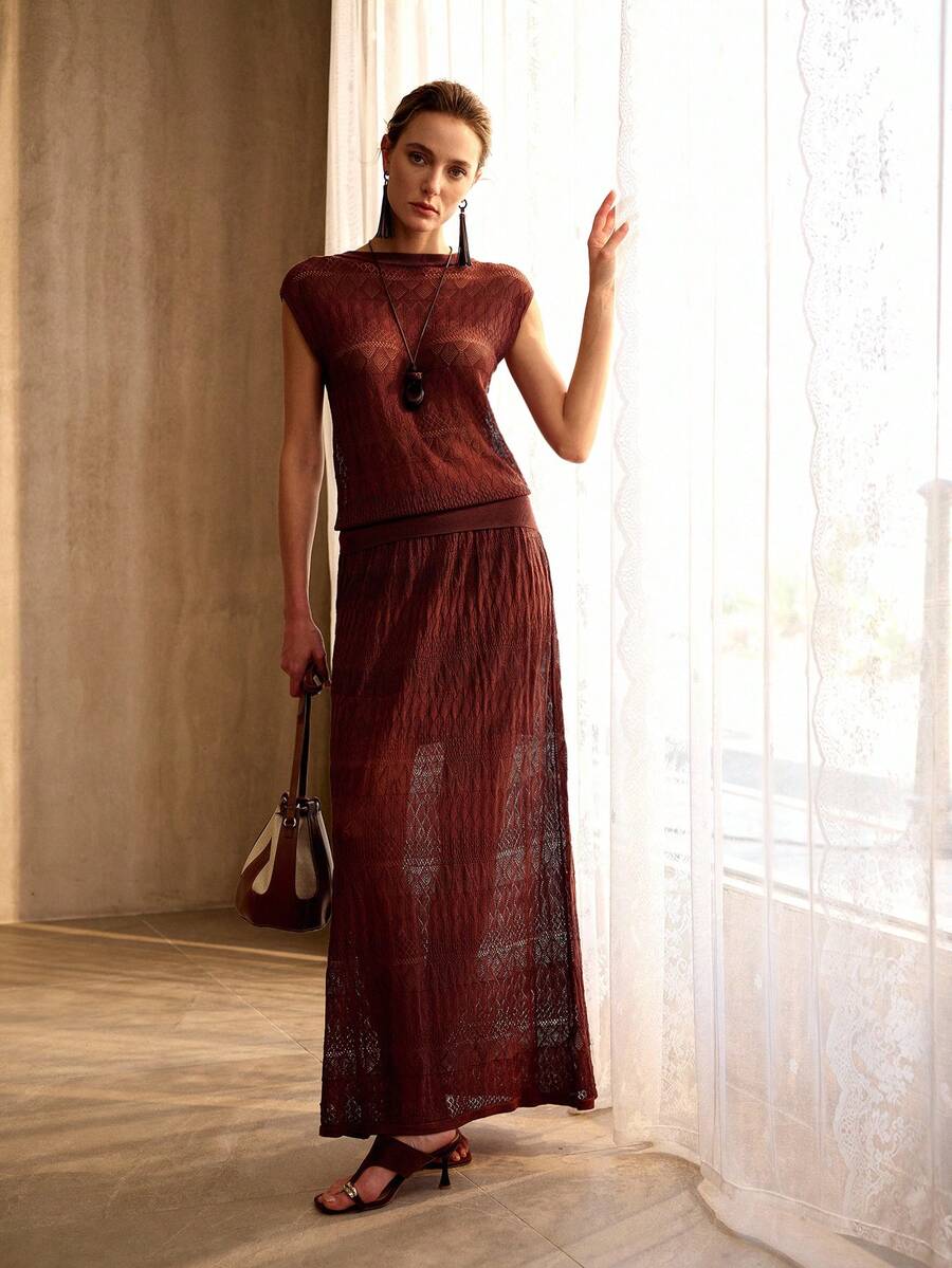 MOTF PREMIUM SUÉTER PARA MUJER CON CUELLO REDONDO Y CALADO, PRIMAVERA/VERANO - Óxido marrón - Ver 1