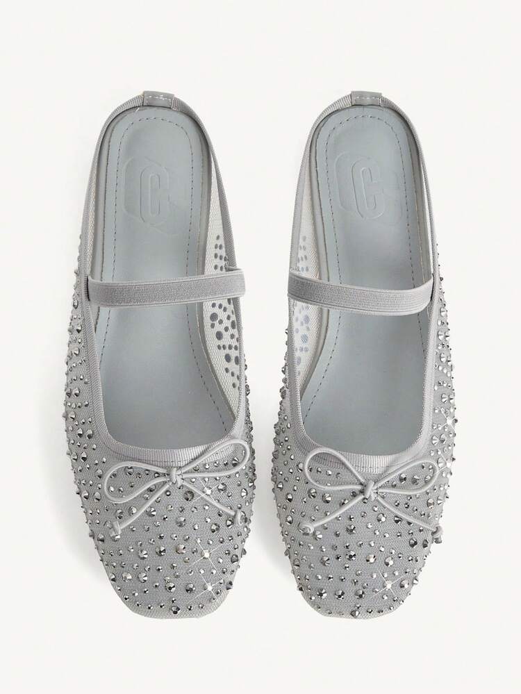 CUCCOO CHICEST Women Shoes Fashion Silver Full Diamond Mesh Bow Mary Jane Flat Mule Shoes Elegant When Comfortable Cute Sweet Women Flat Shoes