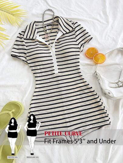 SHEIN PETITE CURVE Mono informal de manga corta con botones y media cartera para mujer de talla grande a rayas