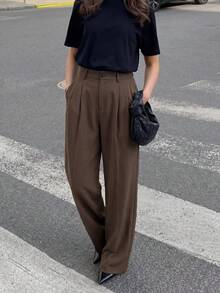 DAZY Casual Business Style Pleated Slant Pocket Loose Straight Leg Pants - Coffee Brown - View 5
