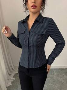 DAZY Women's Casual Everyday Office Commute Turndown Collar Striped Print Fitted Shirt, Spring/Autumn - Navy Blue - View 7