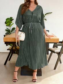 SHEIN Frenchy Đầm dài xếp ly giản dị tối giản màu đen cỡ lớn cho nữ - xanh quân đội - Xem 5