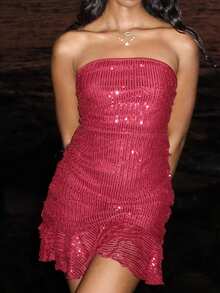 Mima John 女式时尚性感亮片系带露背抹胸迷你连衣裙 - 酒紅色 - 查看 3