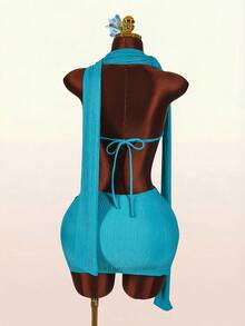 Amplova Women's Turquoise Blue Summer Textured Halter Backless Deep V Twist Knot Mini Dress Techno Night Out Club Night Club Rave Avant-Garde Asymmetrical Hem - Blue - View 13