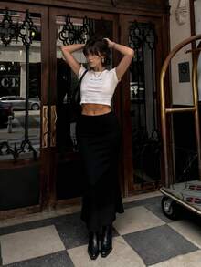 DAZY Women's Solid Color Satin Korean Style Casual Ruffle Hem Elegant Party Skirt Spring - Blue - View 2