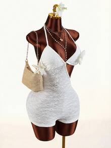 Amplova Bộ jumpsuit nữ ren hoa khoét eo gợi cảm - Màu be - Xem 5
