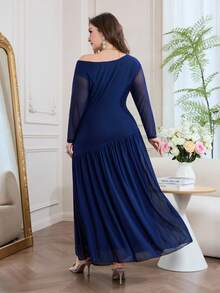 Modelyn Plus Size Women Floral Embroidery Off-Shoulder Long Sleeve Elegant Maxi Dress - Navy Blue - View 2
