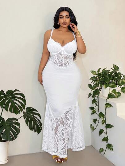 Maweii Vestido de punto de estilo francés blanco de encaje sexy y elástico con diseño calado para mujer de talla grande, versátil y cómodo como camiseta interior para primavera/verano