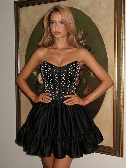 Lovelzi Elegant, Romantic, Fashionable Black Satin Beaded Mermaid A-Line Formal Party Dress, Wedding Guest Dress, Black Cocktail Dress, Single Party, Prom Dress Short Formal Dress Dress With Pearls Black Birthday Dress Goth Dress Black Party Dress