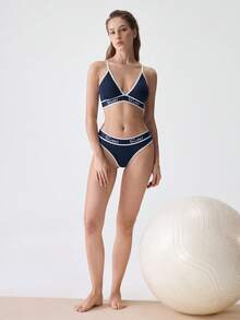 Loungeista Conjunto de sujetador y panty de gráficos de letras con encuadernación de contraste, conjunto de lencería deportiva - azul real - Ver 10