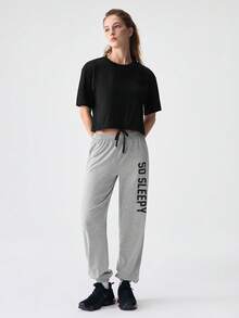 SHEIN 落肩抽绳下摆 T 恤和字母图案裤休闲套装 - 彩色 - 查看 4