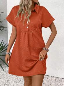 EMERY ROSE Women's Solid Color Pleated Casual Elegant Party Vacation Travel Mini Dress Burnt Orange Summer - Rust Brown - View 5