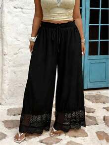 Sunnyshic 休闲宽松蕾丝边阔腿灯笼裤，松紧腰复古女裤 - 黑色 - 查看 4