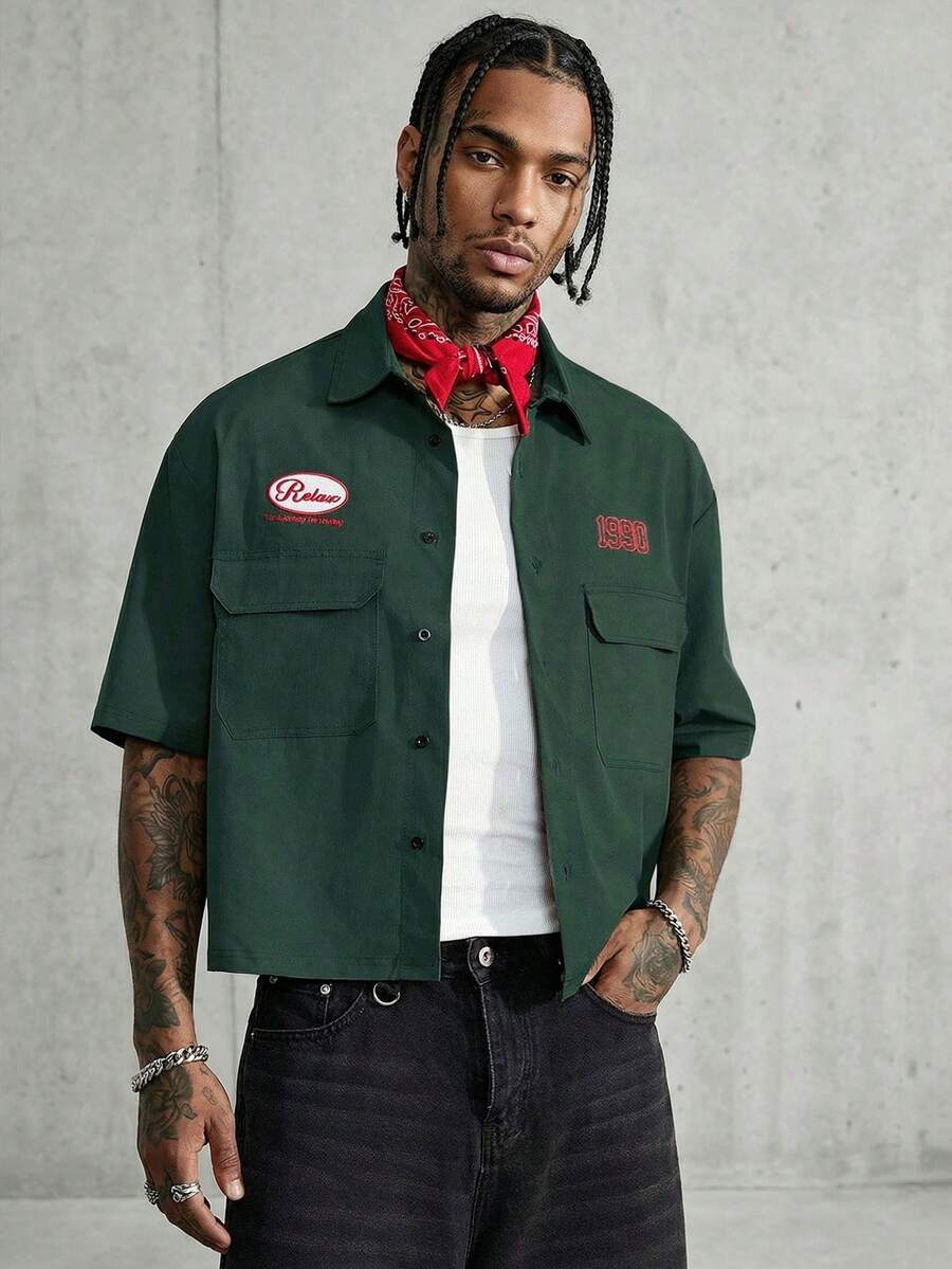 AXEPEAK Áo sơ mi nam tay ngắn, hàng hiệu, đơn hàng, túi hộp, thêu số - xanh quân đội - Xem 1