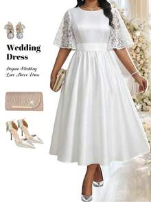 Fleurora Plus Size Elegant Contrast Lace Cinched Waist White Summer Silky Dress For Women,Wedding Guest,Bridesmaid,Graduation,Party & Festival Outfits - Multicolor - View 1