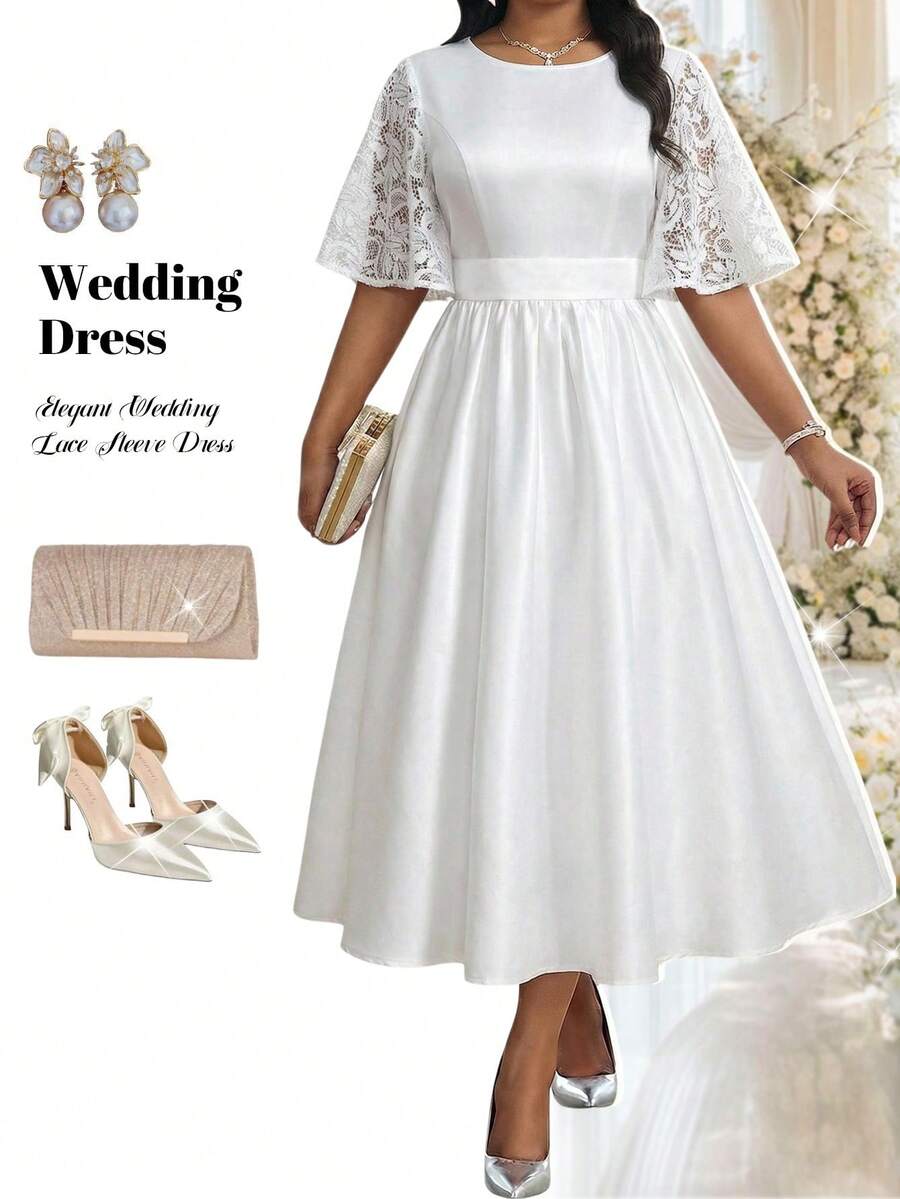 Fleurora Plus Size Elegant Contrast Lace Cinched Waist White Summer Silky Dress For Women,Wedding Guest,Bridesmaid,Graduation,Party & Festival Outfits - Multicolor - View 1