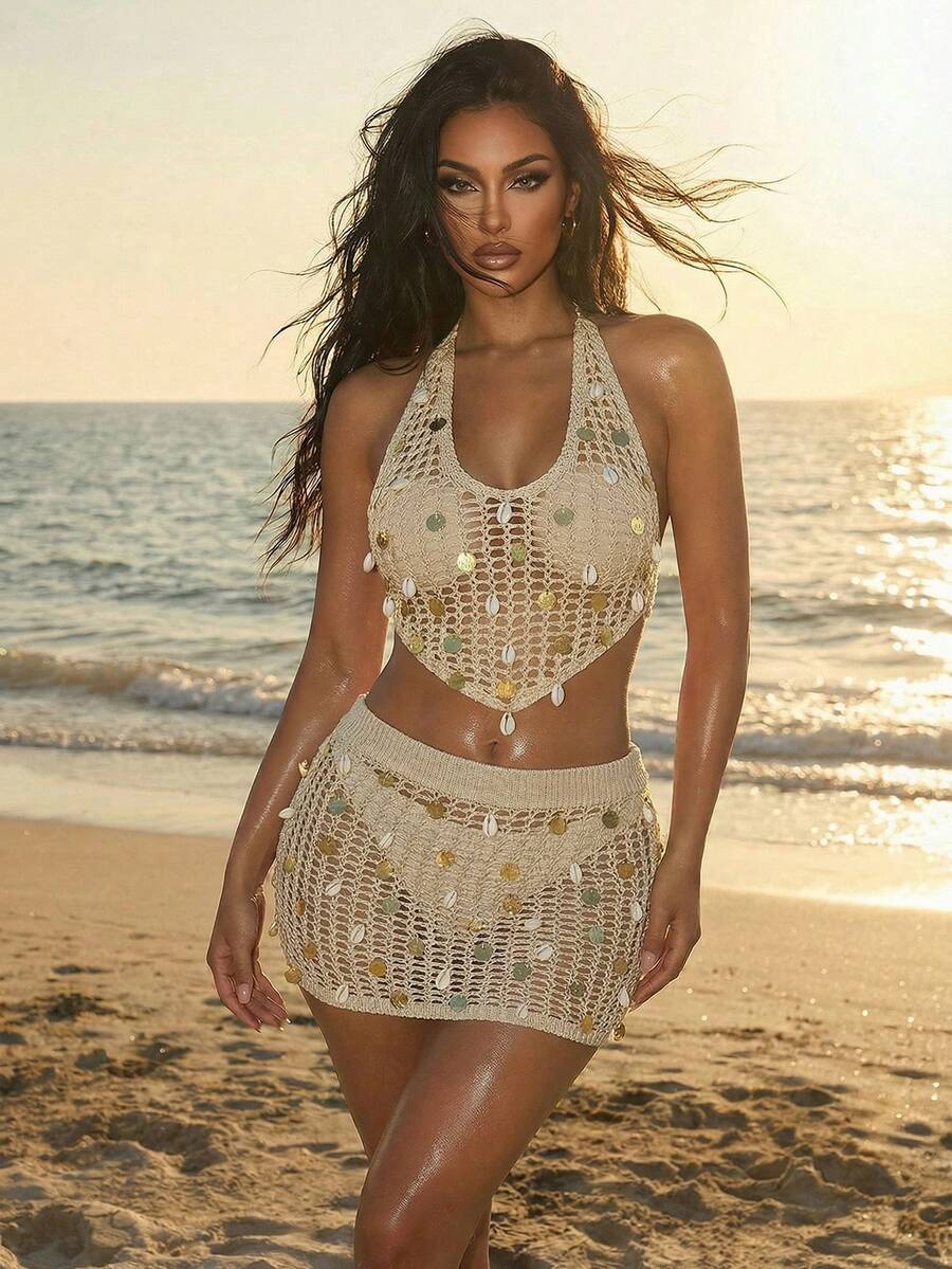 Swim SXY Women's 2-Piece Bikini Set, Crochet Knit Crop Top And Mini Skirt Set,Hollow-Out Streetwear For Music Festival,Tan,Summer,Boho,Beach,Holiday - Khaki - View 1