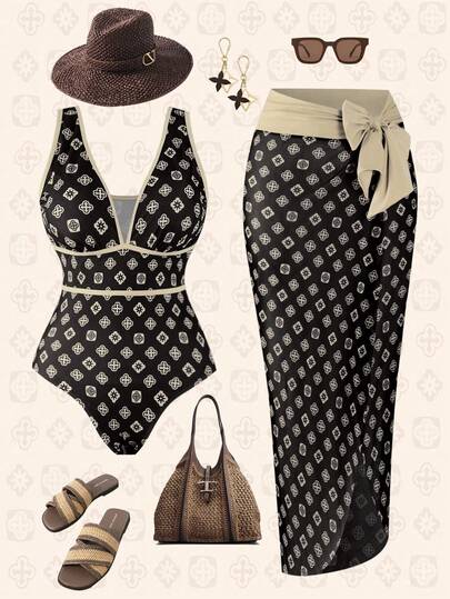 Swim Oasis Plus Size Women's 2-Piece High-End Printed One-Piece Swimsuit With Matching Long Printed Mesh Cover-Up, Suitable For Beach Vacation In Summer