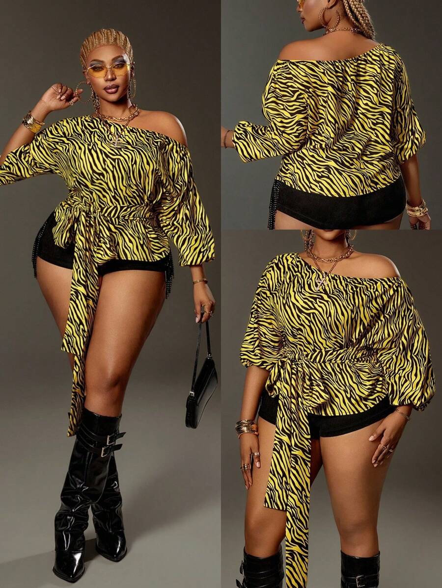 Maweii Women's Yellow Summer Kawaii Night Out Club Leopard Zebra Print Asymmetric-Shoulder Short Sleeve Tie Front Loose Plus Size Blouse - Yellow - View 1