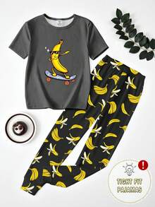 Tween Boys Banana Print Pajama Set, Snug Fit Crew Neck Top And Allover Print Pants, Comfortable Sleepwear - White - View 3