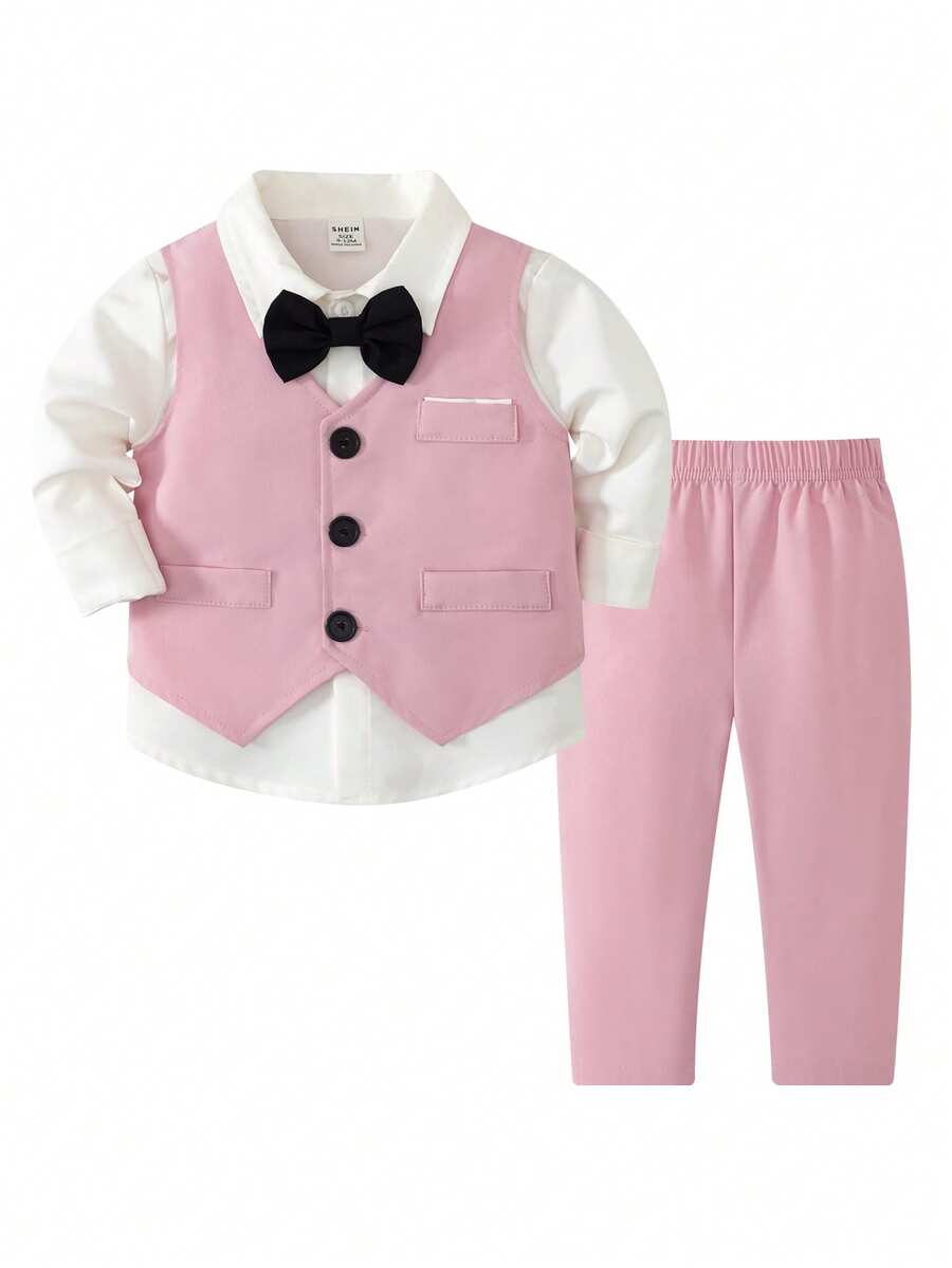 SHEIN 2 piezas Conjunto de caballero - Chaleco y pantalones de tejido liso, moda relajada adecuada para fiesta de cumpleaños, evento de noche, boda - Rosa coral - Ver 1