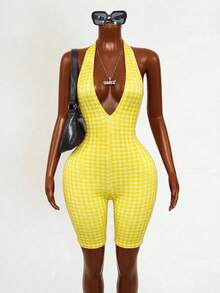 BamGleam 性感格子露背吊带紧身连体裤，夏季 - 黃色 - 查看 8