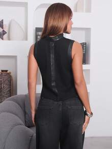 Hariany Almeida 女士优雅休闲无袖立领背心，适合秋季、优雅、别致、新年 - 黑色 - 查看 2