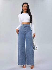 SHEIN Tall 女款牛仔裤高腰休闲宽松阔腿裤蓝色款直筒裤高腰女式牛仔裤 - 中等水洗藍 - 查看 7