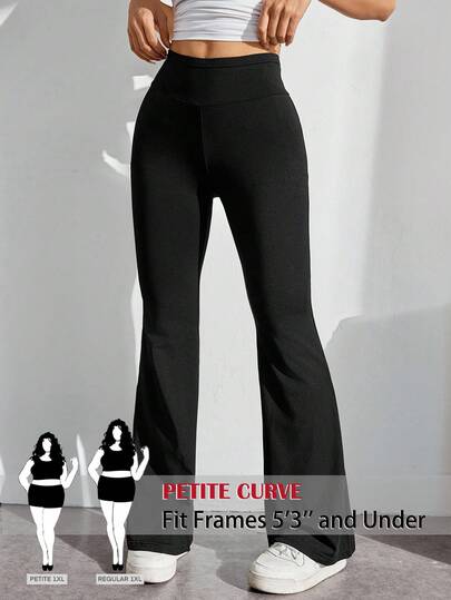 SHEIN PETITE CURVE Leggings acampanados de talle alto con diseño cruzado, adecuados para mujeres de talla grande y petite